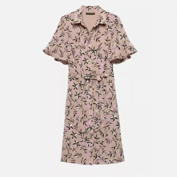 Banana Republic Tan Printed Ruffle Sleeve Shirt Dress Size 6 NWT - Picture 3 of 14